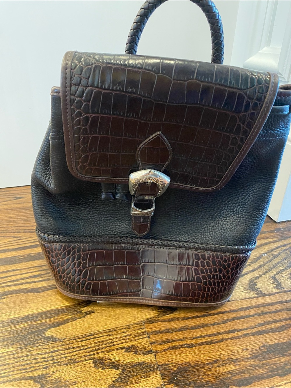 Vintage Brighton Black Backpack with Dark Brown Croc-Embossed Trim
